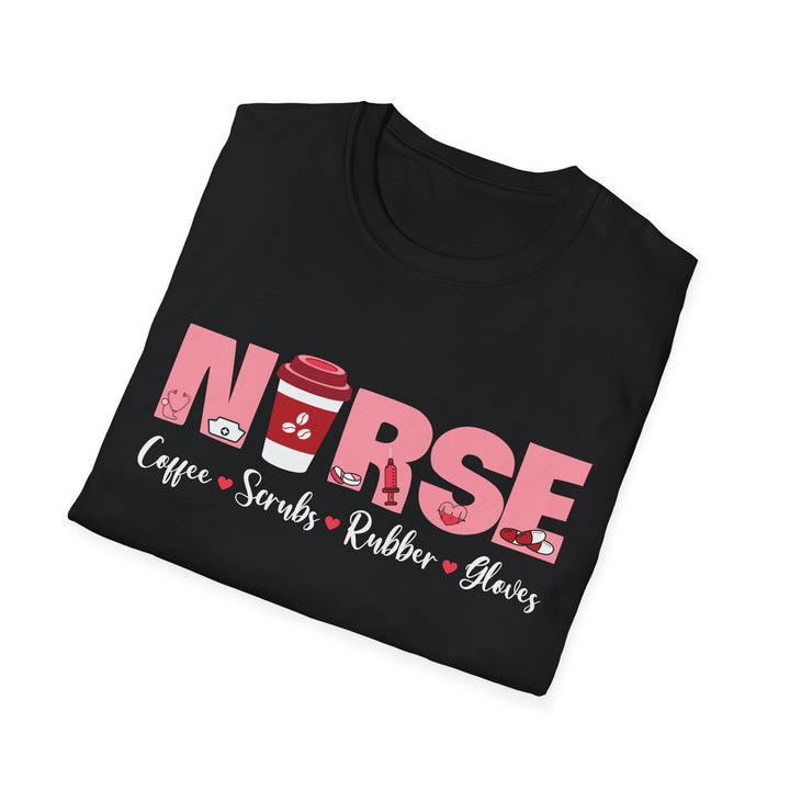 Nurse Coffee Scrubs Rubber Gloves T-Shirt — Funny Pink Nurse Tee