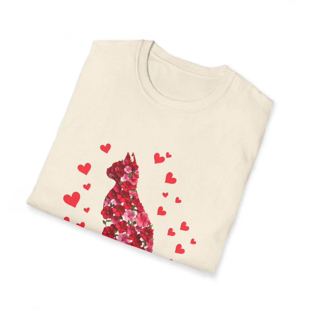 Valentine Cat T-Shirt — Red Floral Cat Silhouette with Hearts