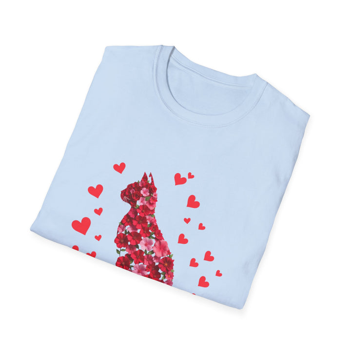 Valentine Cat T-Shirt — Red Floral Cat Silhouette with Hearts