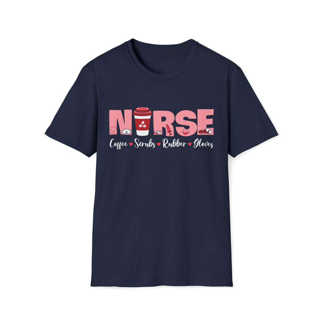 Nurse Coffee Scrubs Rubber Gloves T-Shirt — Funny Pink Nurse Tee