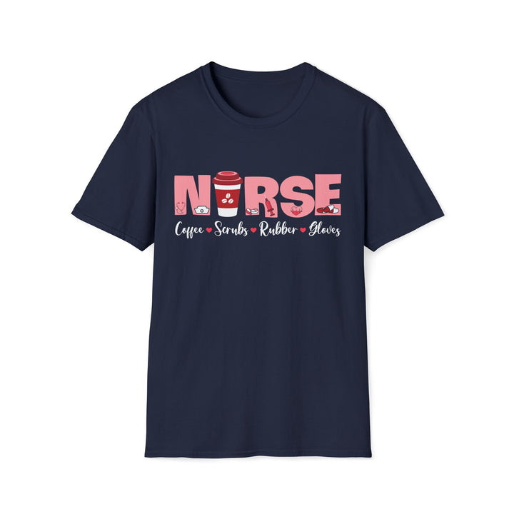 Nurse Coffee Scrubs Rubber Gloves T-Shirt — Funny Pink Nurse Tee