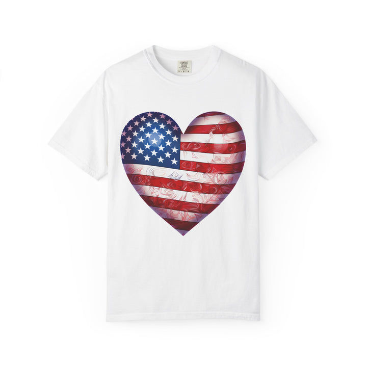 Patriotic American Flag Heart T-Shirt — Red, White & Blue 4th of July Gift