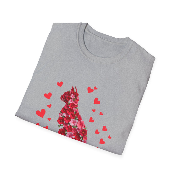 Valentine Cat T-Shirt — Red Floral Cat Silhouette with Hearts