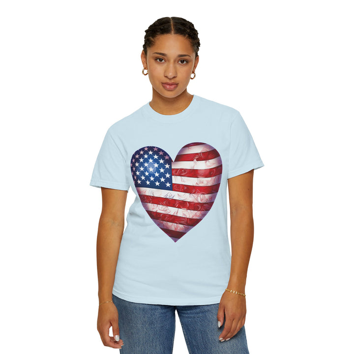 Patriotic American Flag Heart T-Shirt — Red, White & Blue 4th of July Gift