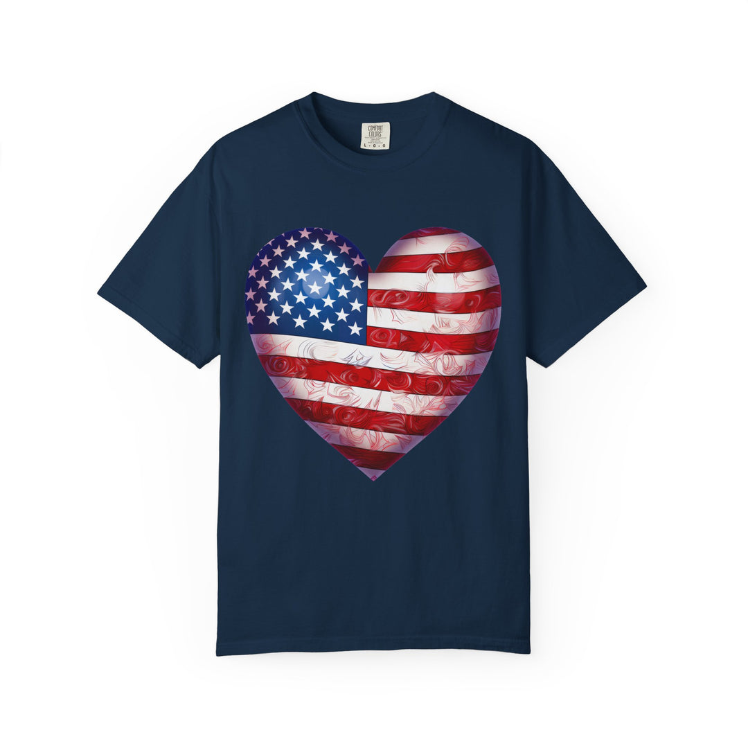 Patriotic American Flag Heart T-Shirt — Red, White & Blue 4th of July Gift