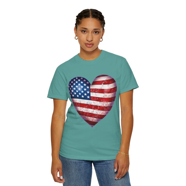 Patriotic American Flag Heart T-Shirt — Red, White & Blue 4th of July Gift