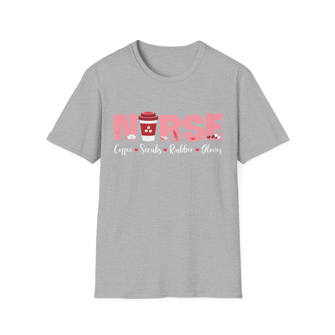 Nurse Coffee Scrubs Rubber Gloves T-Shirt — Funny Pink Nurse Tee