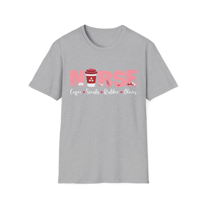 Nurse Coffee Scrubs Rubber Gloves T-Shirt — Funny Pink Nurse Tee