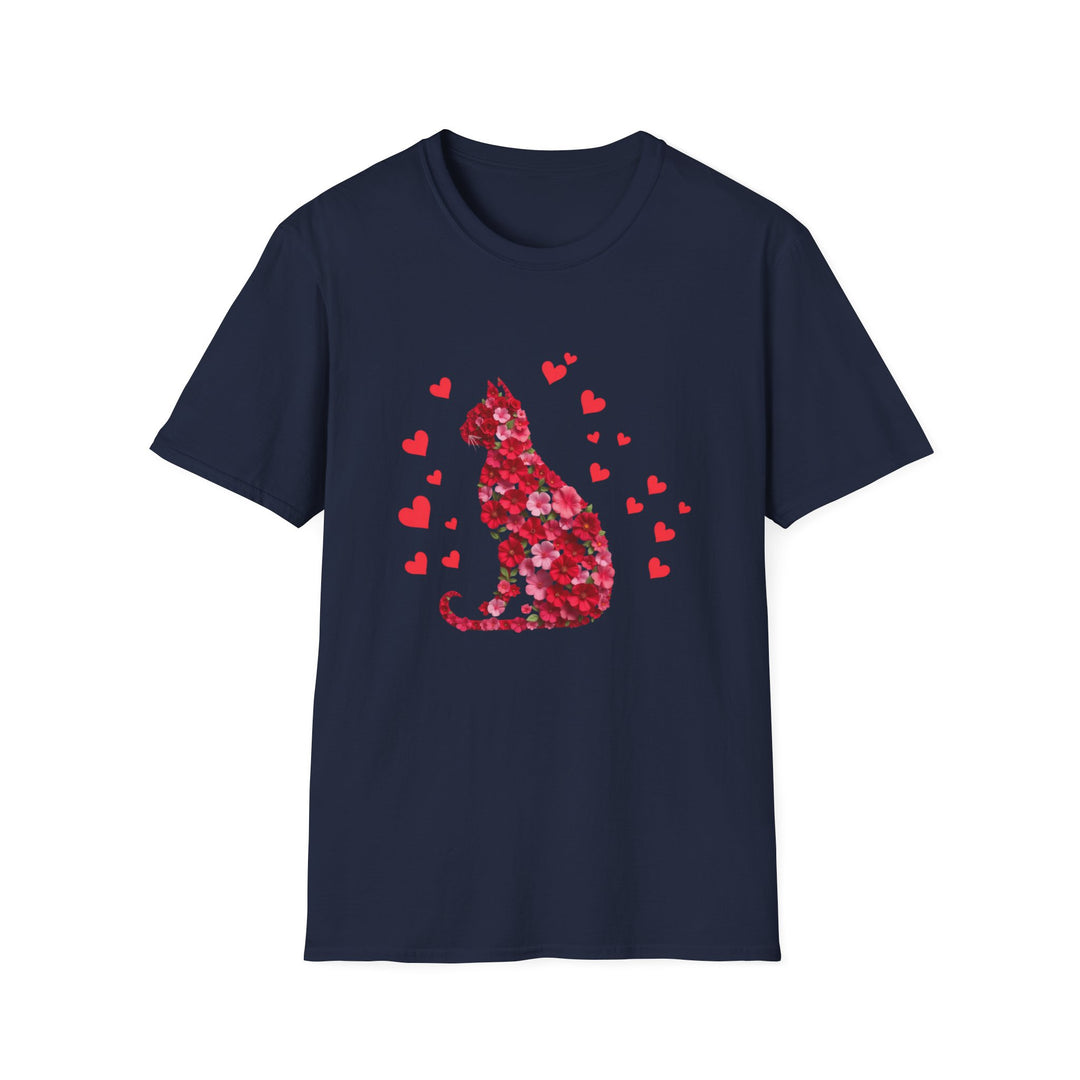 Valentine Cat T-Shirt — Red Floral Cat Silhouette with Hearts