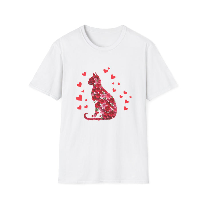 Valentine Cat T-Shirt — Red Floral Cat Silhouette with Hearts