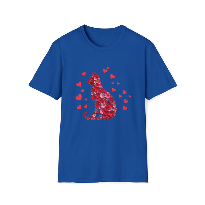 Valentine Cat T-Shirt — Red Floral Cat Silhouette with Hearts