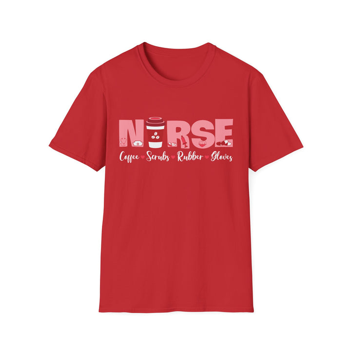 Nurse Coffee Scrubs Rubber Gloves T-Shirt — Funny Pink Nurse Tee