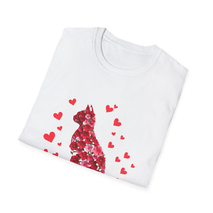 Valentine Cat T-Shirt — Red Floral Cat Silhouette with Hearts