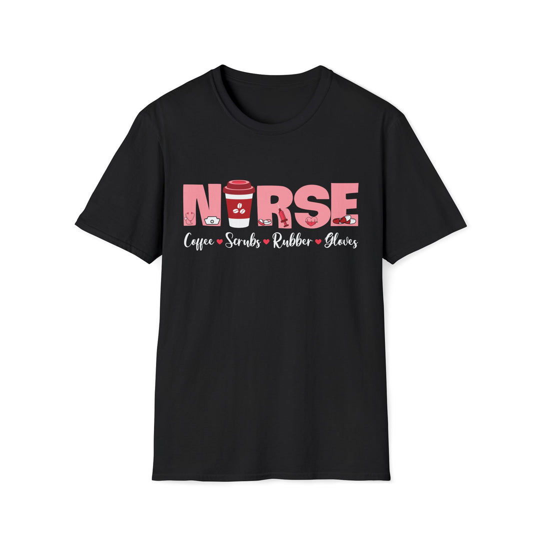 Nurse Coffee Scrubs Rubber Gloves T-Shirt — Funny Pink Nurse Tee