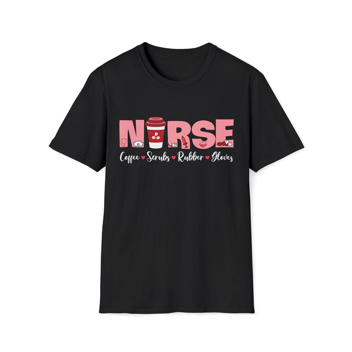 Nurse Coffee Scrubs Rubber Gloves T-Shirt — Funny Pink Nurse Tee