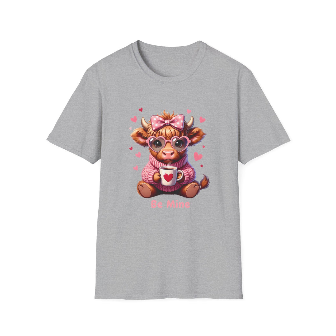 Be Mine Valentine Cow T-Shirt — Cute Cow Holding Heart Mug Tee