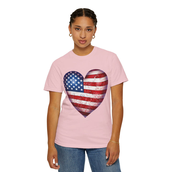 Patriotic American Flag Heart T-Shirt — Red, White & Blue 4th of July Gift