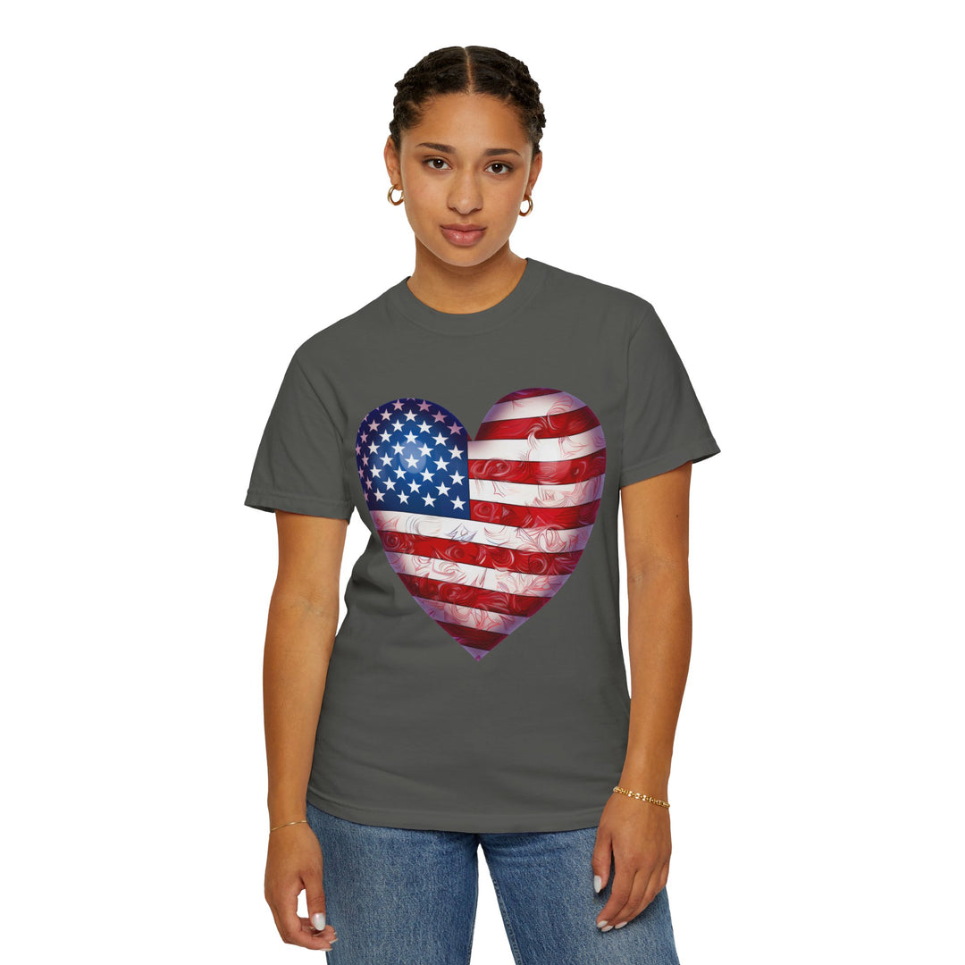 Patriotic American Flag Heart T-Shirt — Red, White & Blue 4th of July Gift