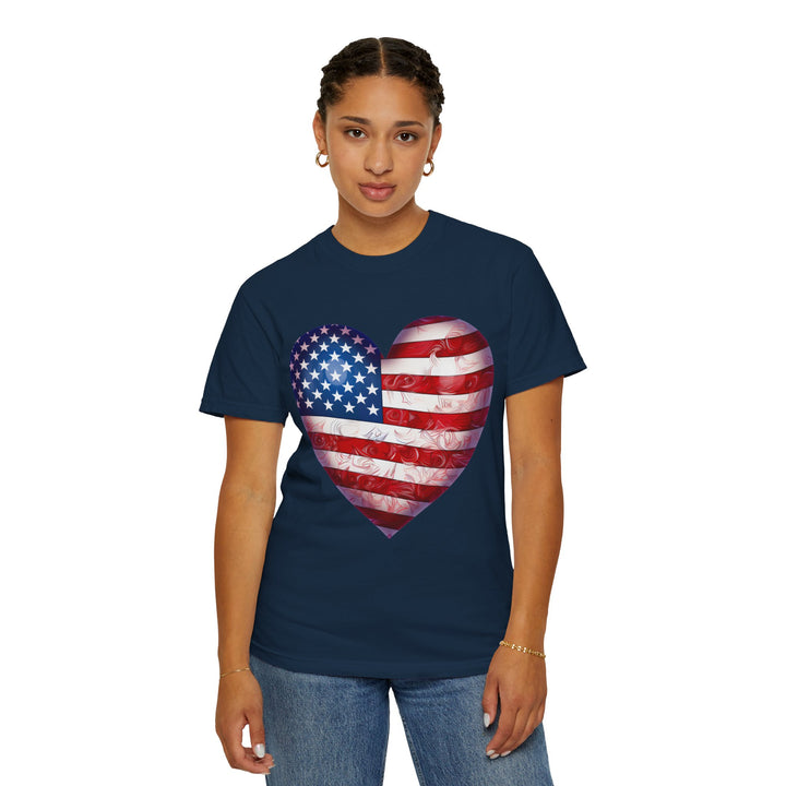Patriotic American Flag Heart T-Shirt — Red, White & Blue 4th of July Gift