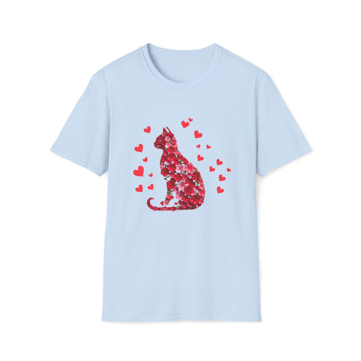 Valentine Cat T-Shirt — Red Floral Cat Silhouette with Hearts