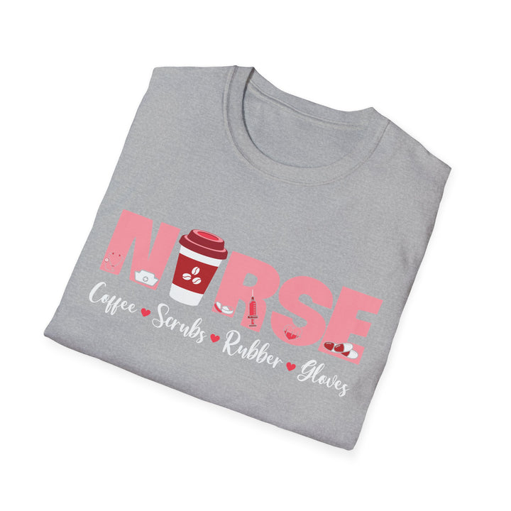 Nurse Coffee Scrubs Rubber Gloves T-Shirt — Funny Pink Nurse Tee