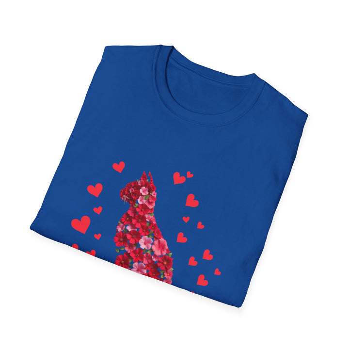 Valentine Cat T-Shirt — Red Floral Cat Silhouette with Hearts