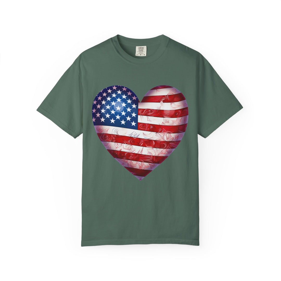 Patriotic American Flag Heart T-Shirt — Red, White & Blue 4th of July Gift