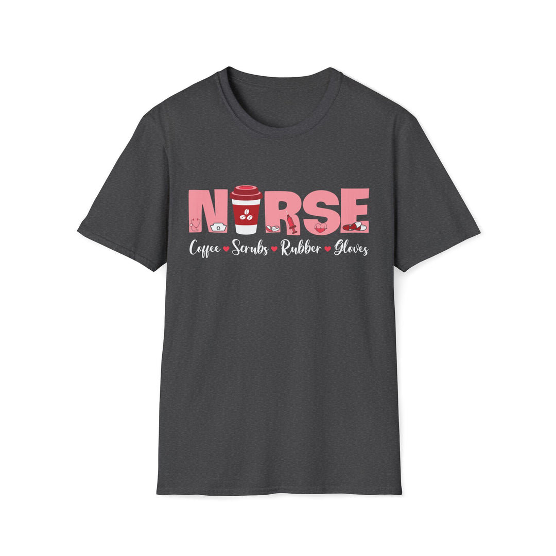 Nurse Coffee Scrubs Rubber Gloves T-Shirt — Funny Pink Nurse Tee