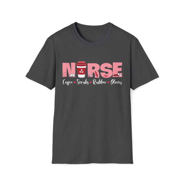 Nurse Coffee Scrubs Rubber Gloves T-Shirt — Funny Pink Nurse Tee