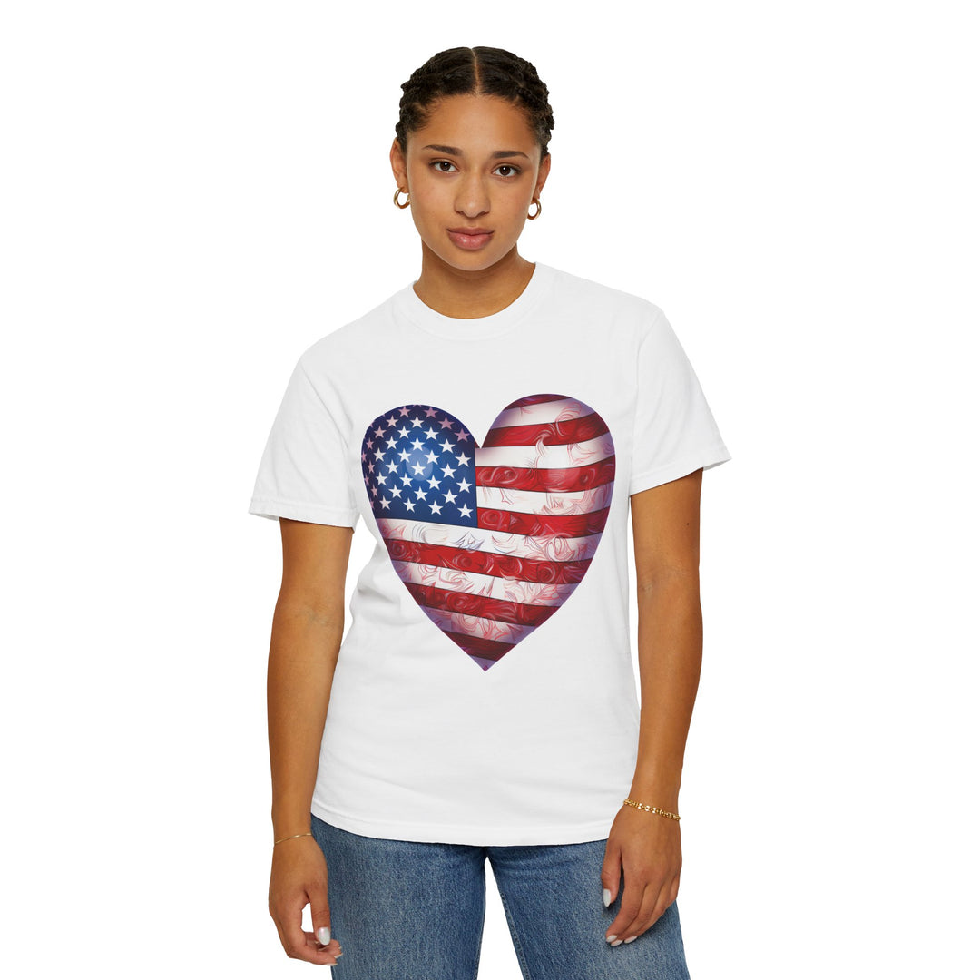 Patriotic American Flag Heart T-Shirt — Red, White & Blue 4th of July Gift