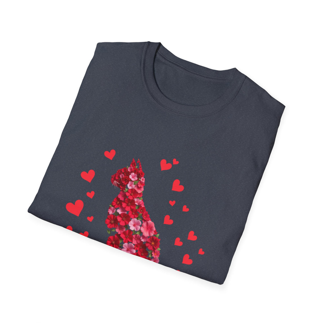 Valentine Cat T-Shirt — Red Floral Cat Silhouette with Hearts
