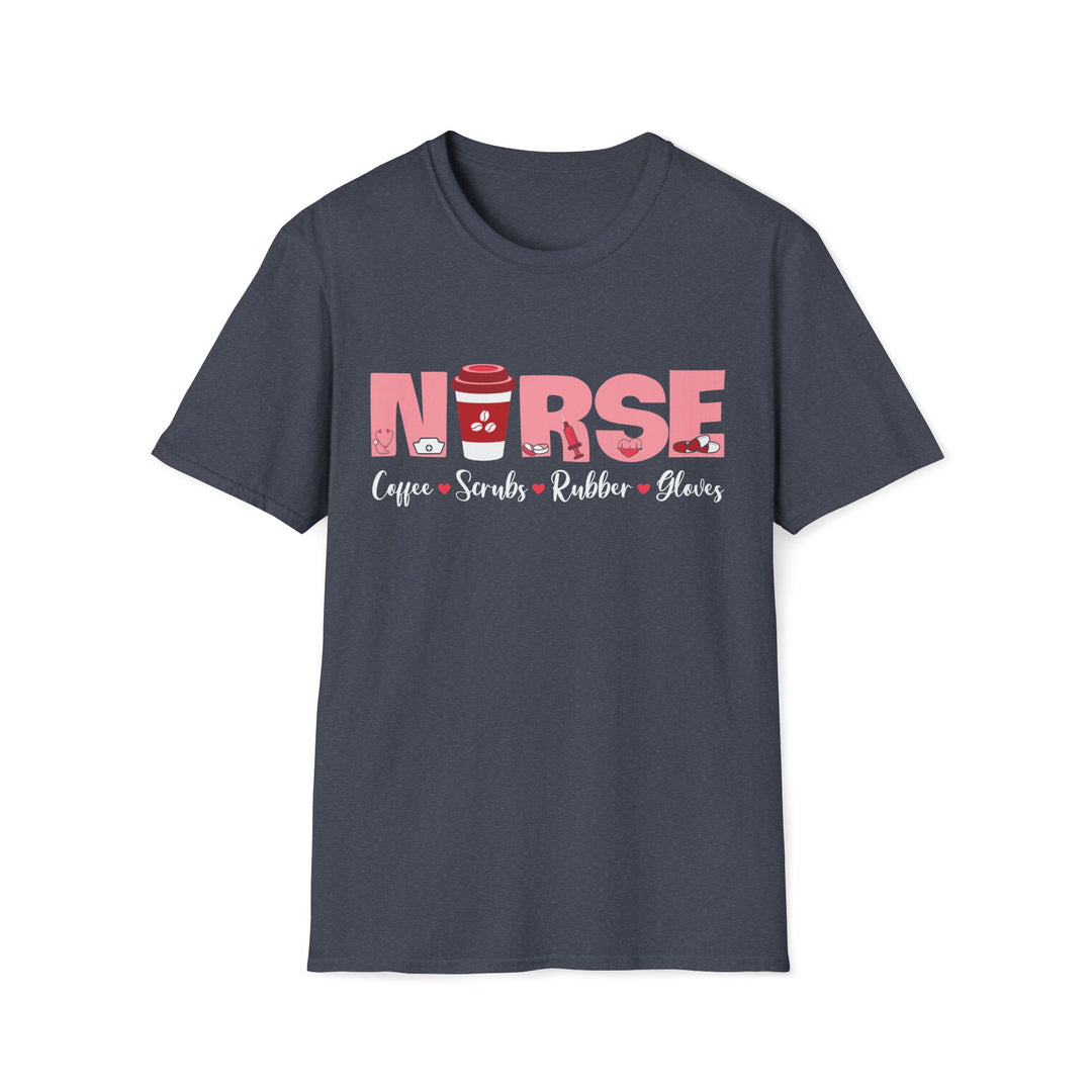 Nurse Coffee Scrubs Rubber Gloves T-Shirt — Funny Pink Nurse Tee