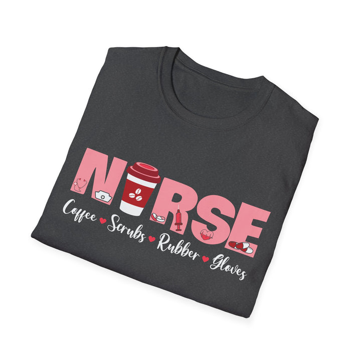 Nurse Coffee Scrubs Rubber Gloves T-Shirt — Funny Pink Nurse Tee