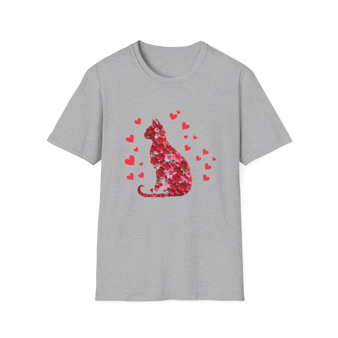 Valentine Cat T-Shirt — Red Floral Cat Silhouette with Hearts