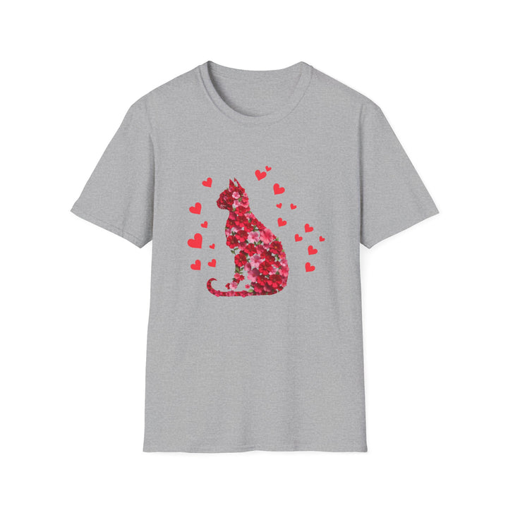 Valentine Cat T-Shirt — Red Floral Cat Silhouette with Hearts
