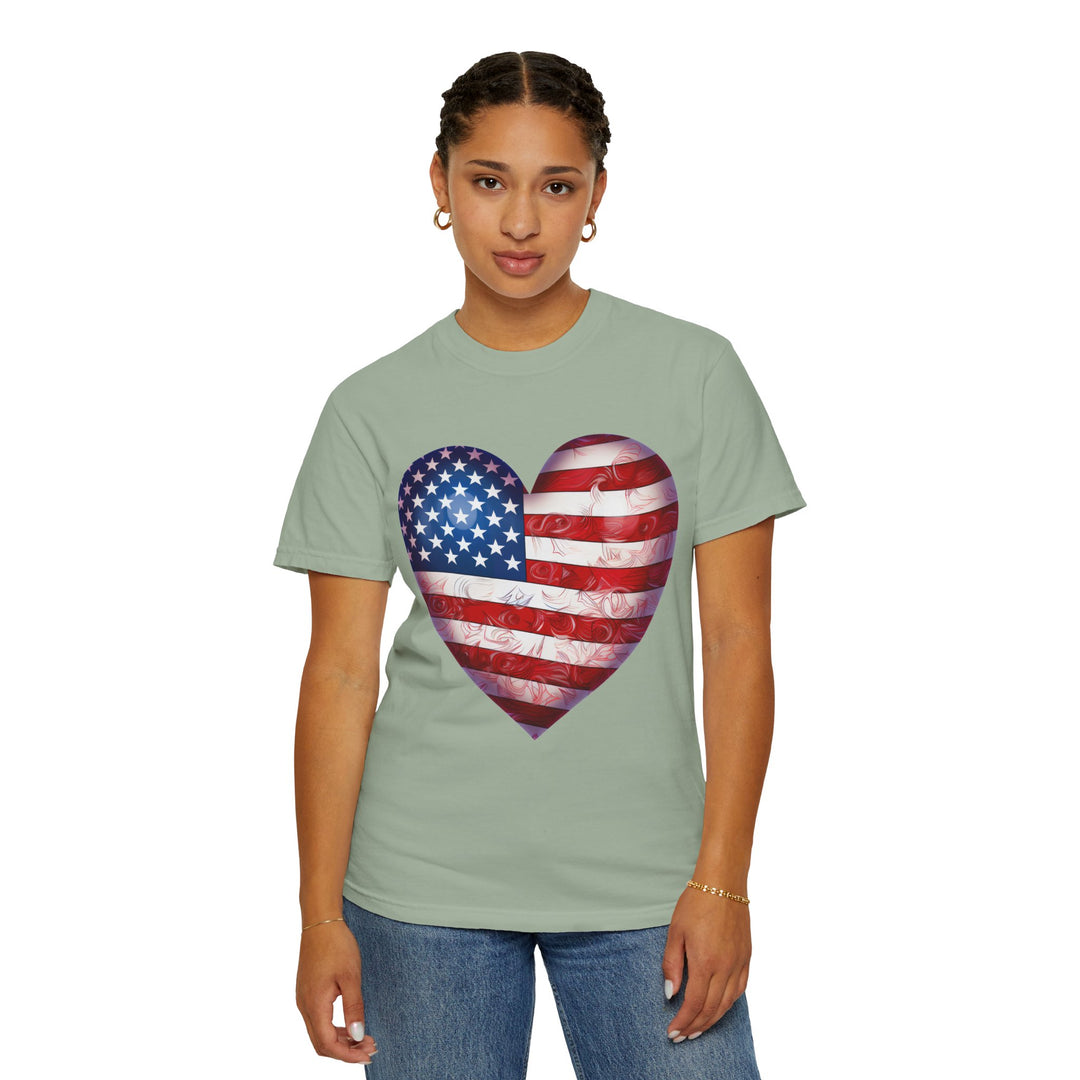 Patriotic American Flag Heart T-Shirt — Red, White & Blue 4th of July Gift