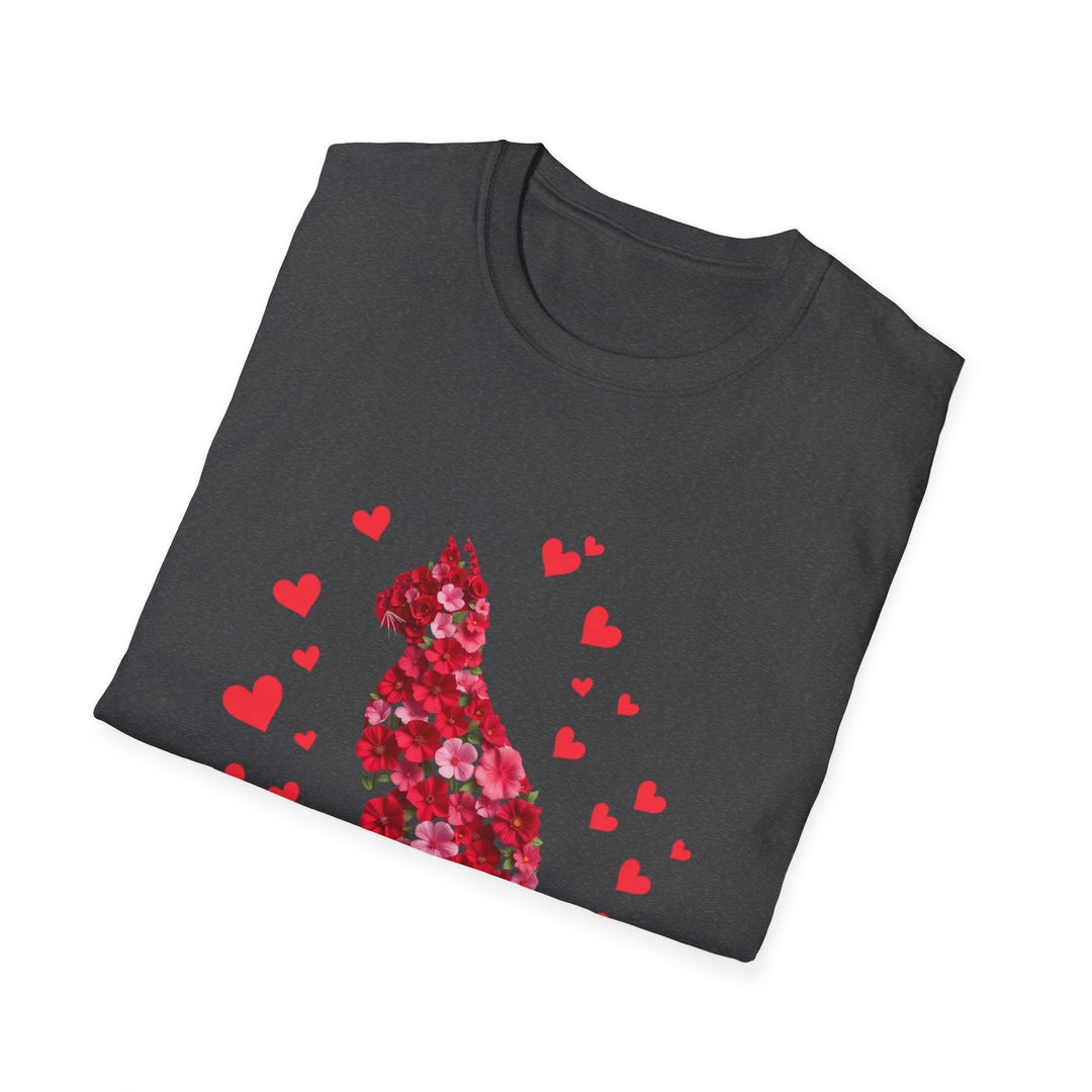 Valentine Cat T-Shirt — Red Floral Cat Silhouette with Hearts