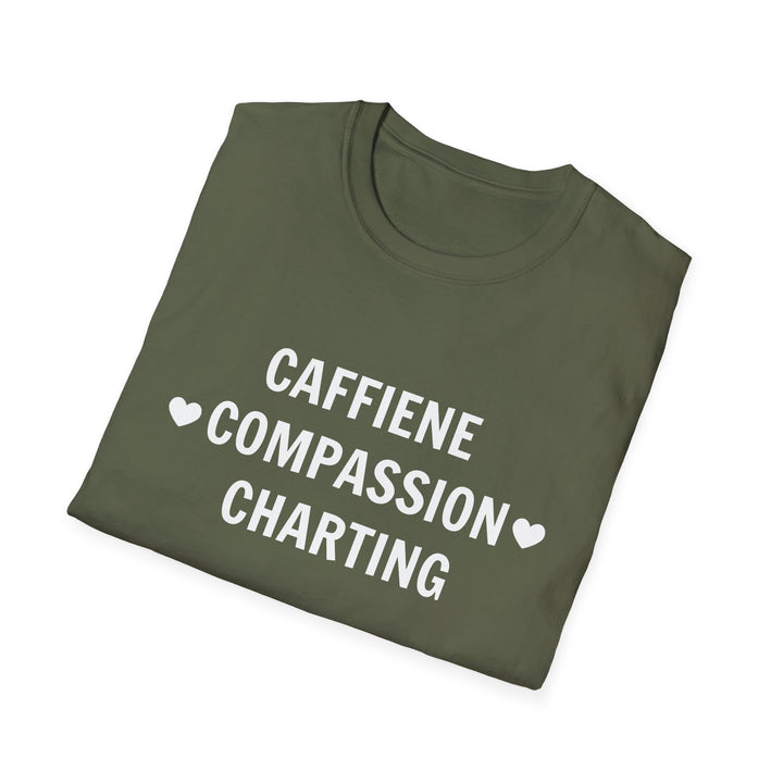 Caffeine Compassion Charting Nurse Shirt Light Print