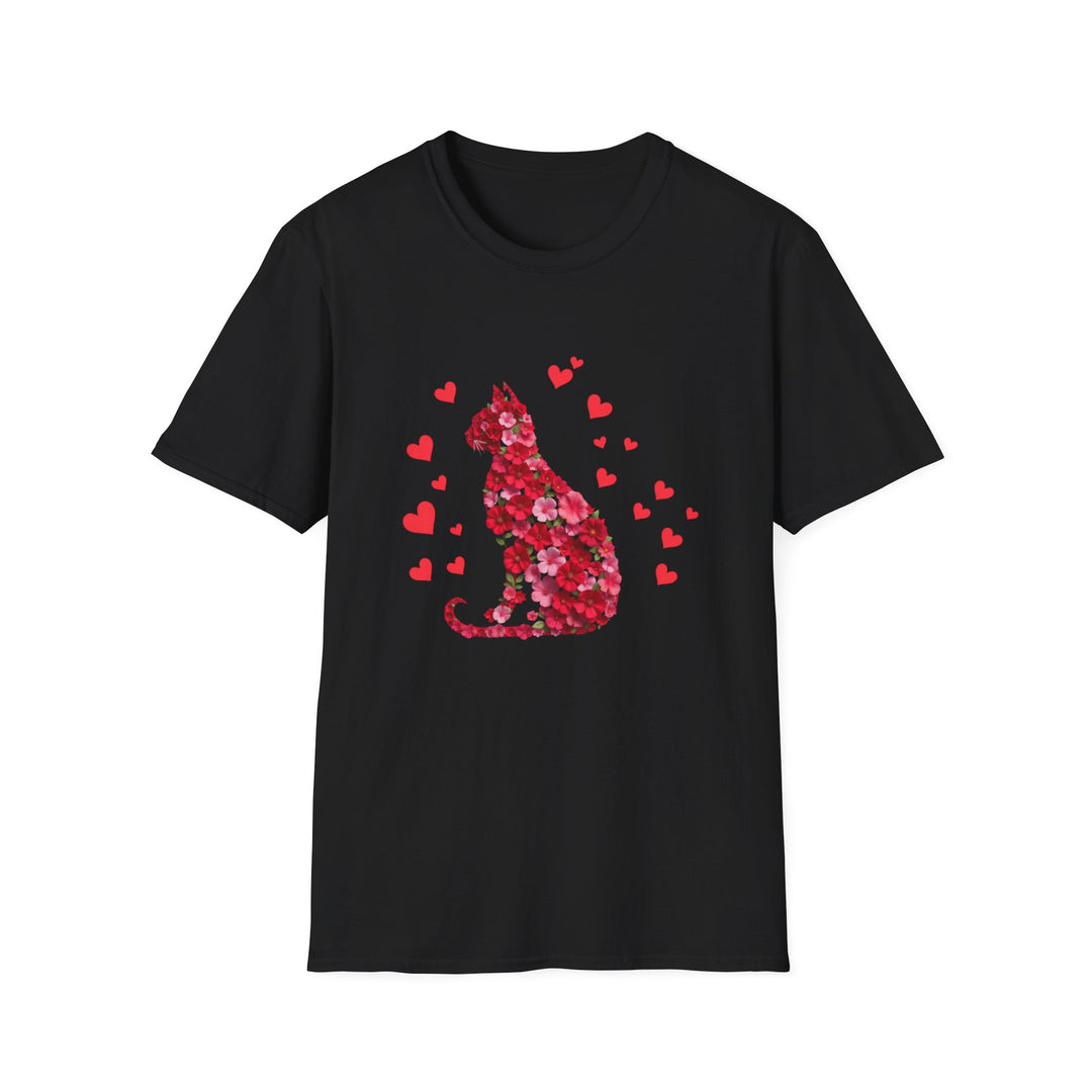 Valentine Cat T-Shirt — Red Floral Cat Silhouette with Hearts