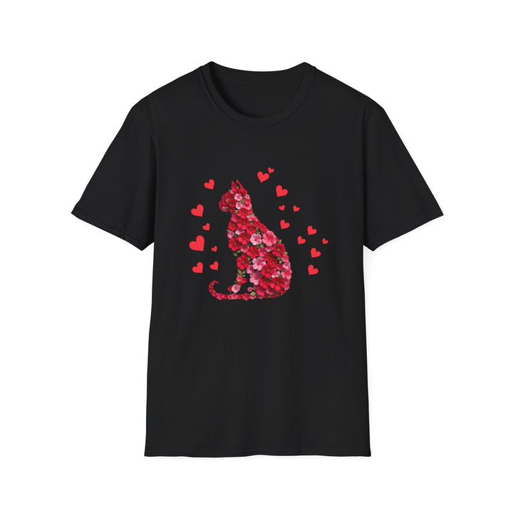 Valentine Cat T-Shirt — Red Floral Cat Silhouette with Hearts