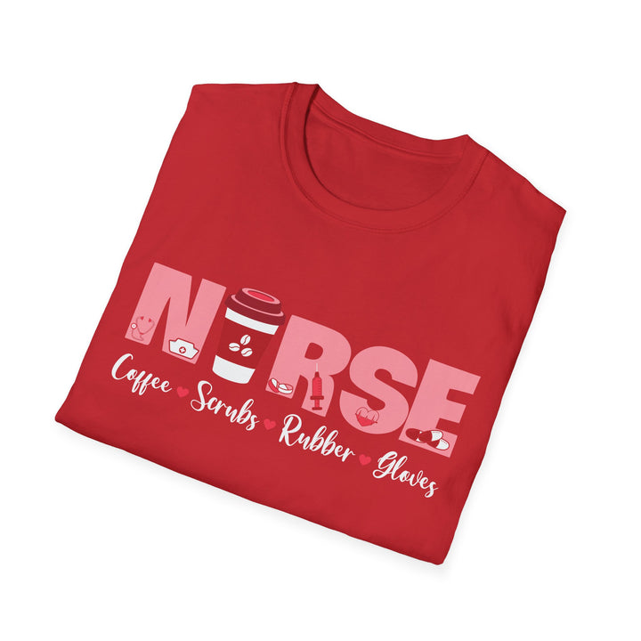 Nurse Coffee Scrubs Rubber Gloves T-Shirt — Funny Pink Nurse Tee