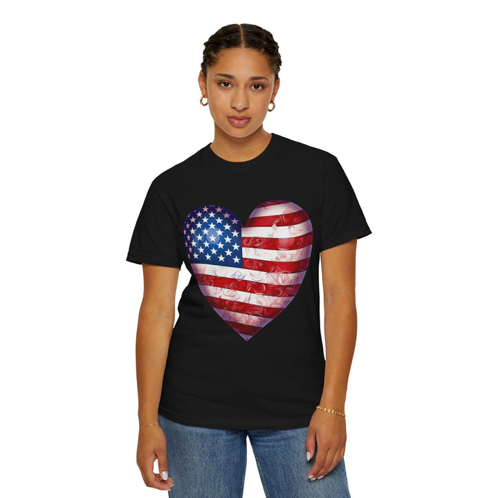 Patriotic American Flag Heart T-Shirt — Red, White & Blue 4th of July Gift