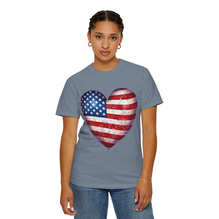 Patriotic American Flag Heart T-Shirt — Red, White & Blue 4th of July Gift