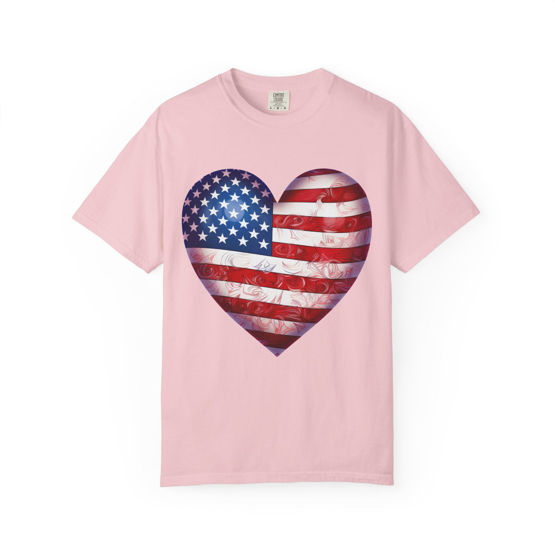 Patriotic American Flag Heart T-Shirt — Red, White & Blue 4th of July Gift
