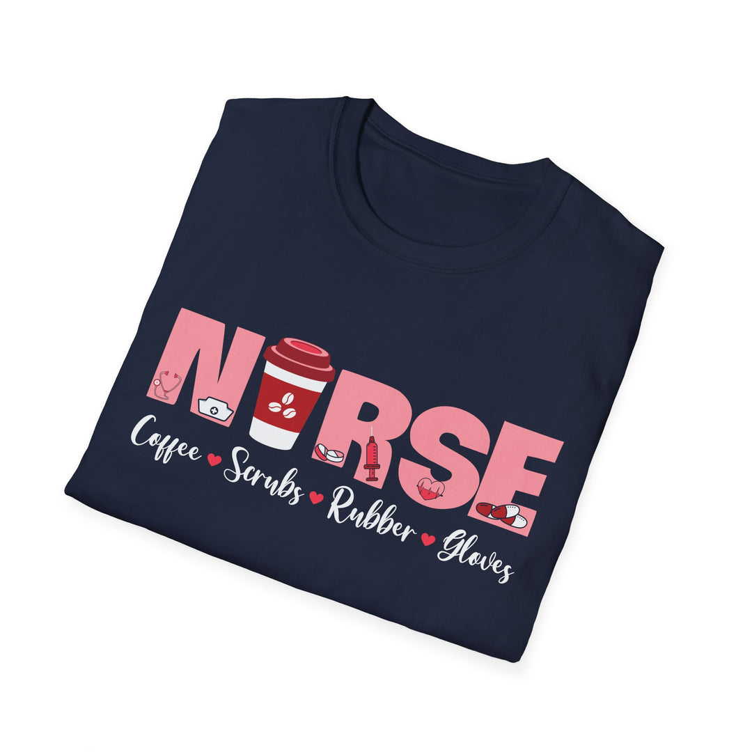 Nurse Coffee Scrubs Rubber Gloves T-Shirt — Funny Pink Nurse Tee
