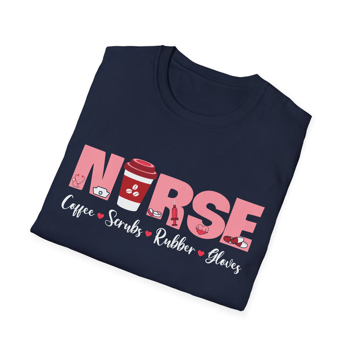 Nurse Coffee Scrubs Rubber Gloves T-Shirt — Funny Pink Nurse Tee