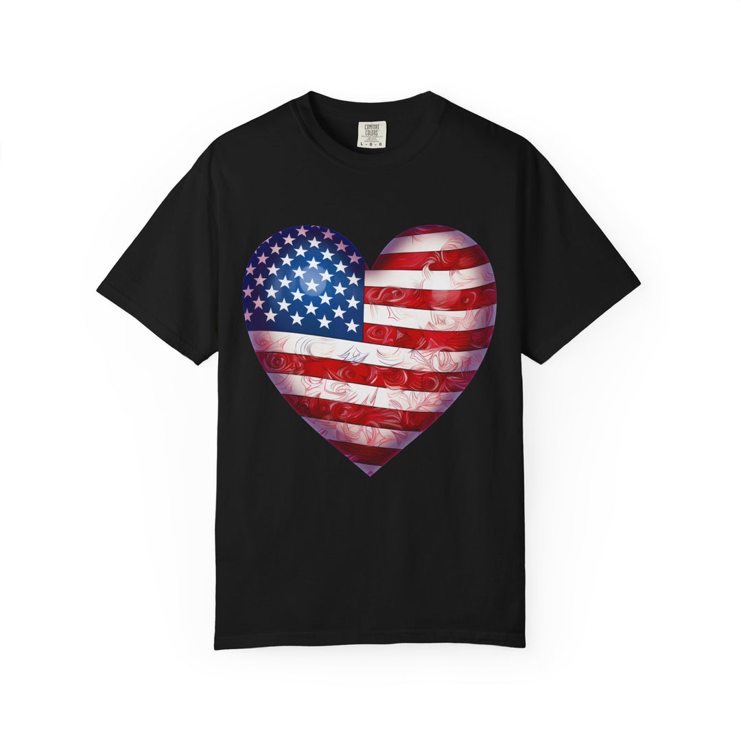 Patriotic American Flag Heart T-Shirt — Red, White & Blue 4th of July Gift