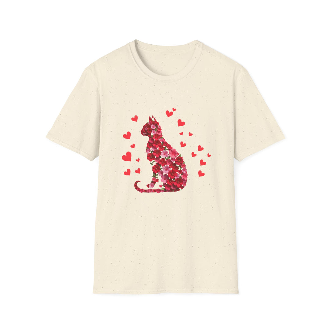 Valentine Cat T-Shirt — Red Floral Cat Silhouette with Hearts