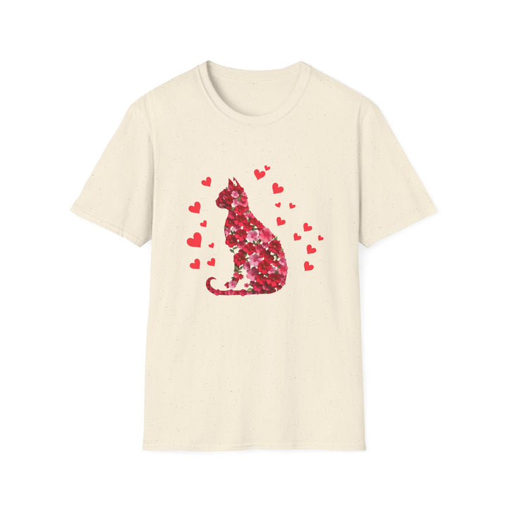 Valentine Cat T-Shirt — Red Floral Cat Silhouette with Hearts