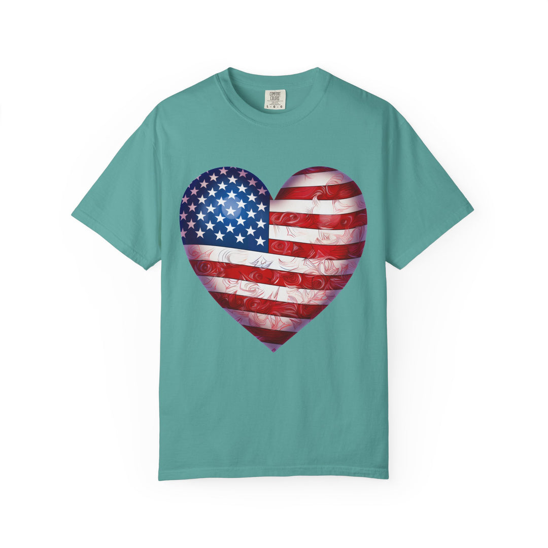 Patriotic American Flag Heart T-Shirt — Red, White & Blue 4th of July Gift